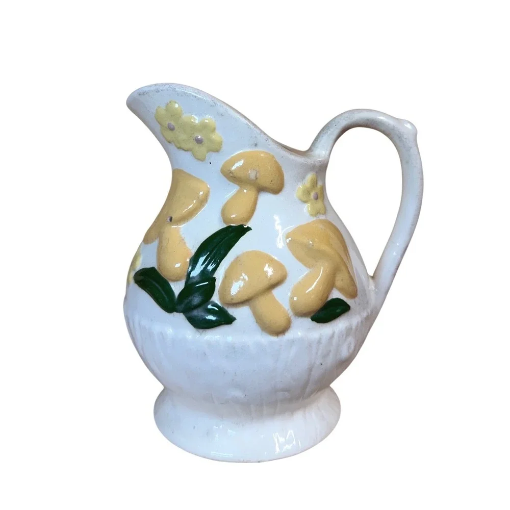 Vintage Mushroom Ceramic Pitcher‎ Yellow Relief 3D Cottagecore Retro Creamer